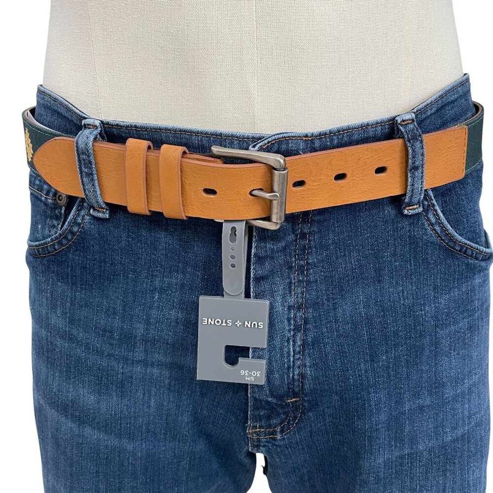 Sun & Stone Mens Western Canvas Faux Leather Belt Green Southwest Cowboycore